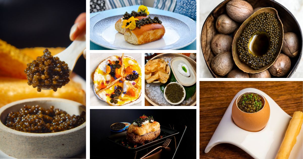 15 places to enjoy caviar in Los Angeles: collage of caviar dishes from LA restaurants